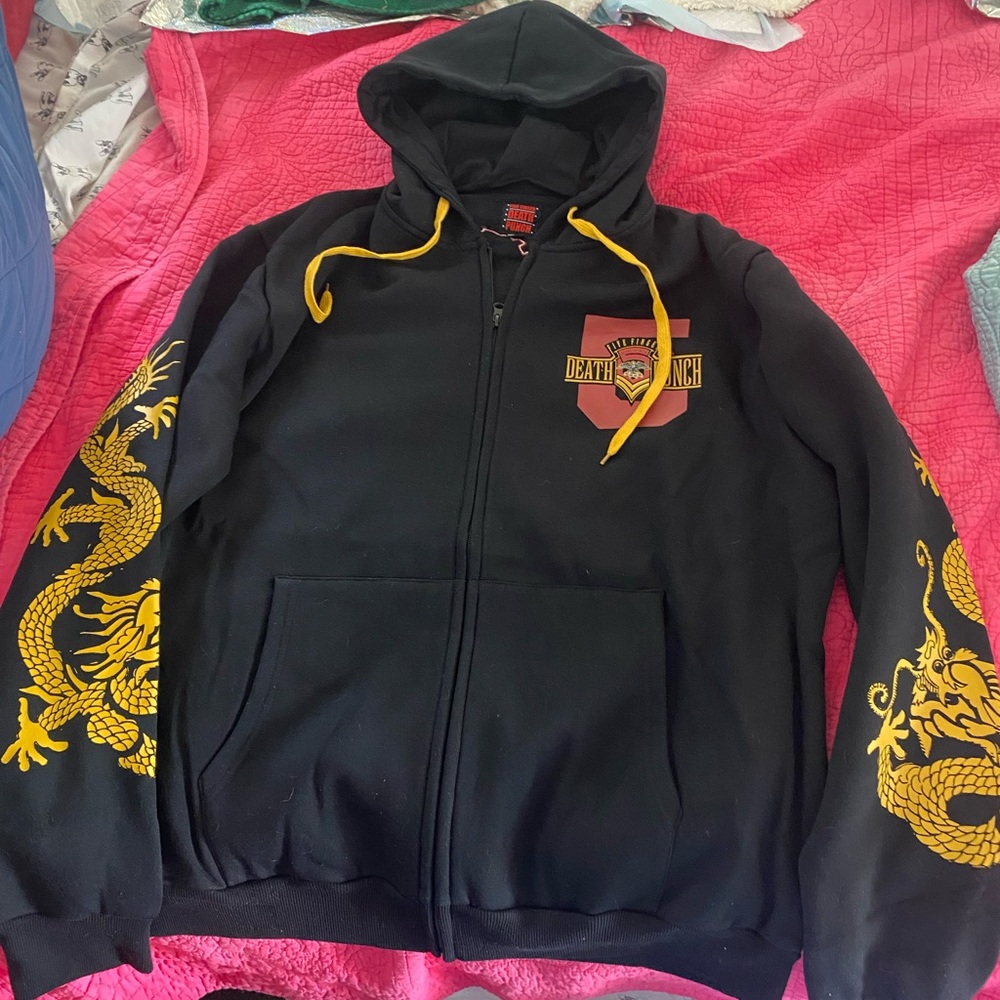 5 Finger Death Punch Black Zip Hoodie with Yellow Dragon Sleeves